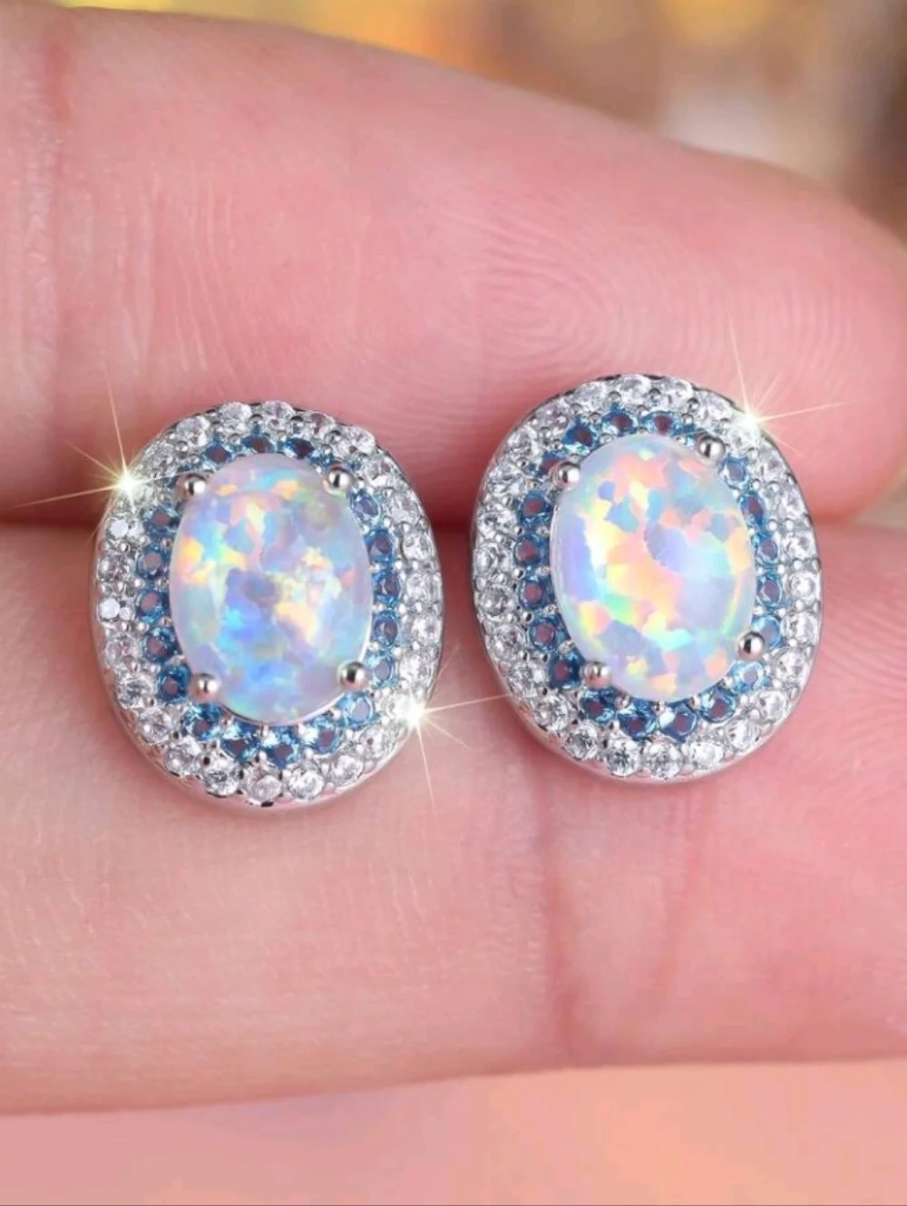 Dainty Opal Halo Iridescent Stud Earrings Iridescent Opal & Blue Clear Accents